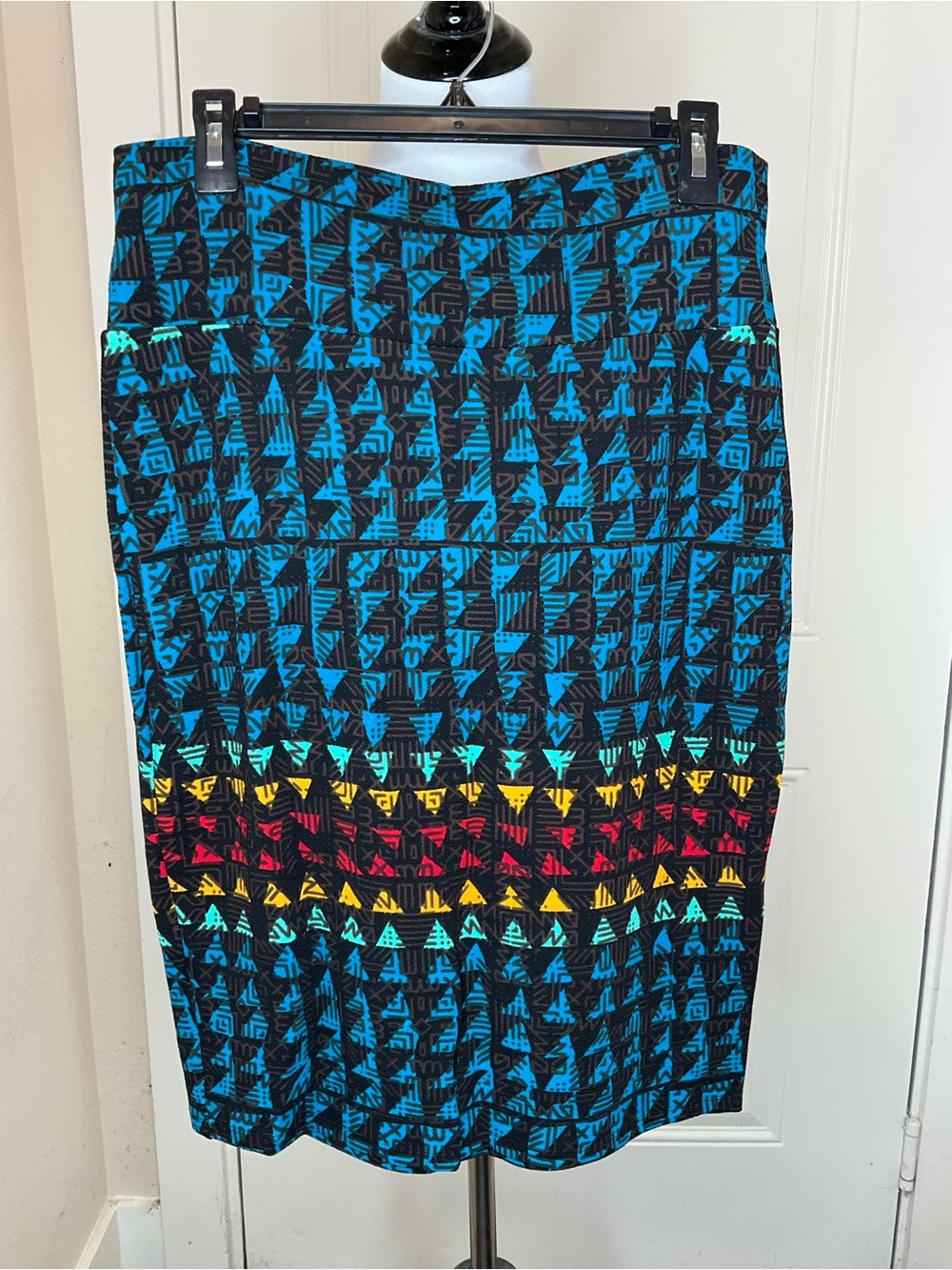 LuLaRoe Blue Tribal Pencil Skirt with Yellow, Red, Blue and Green Accents L